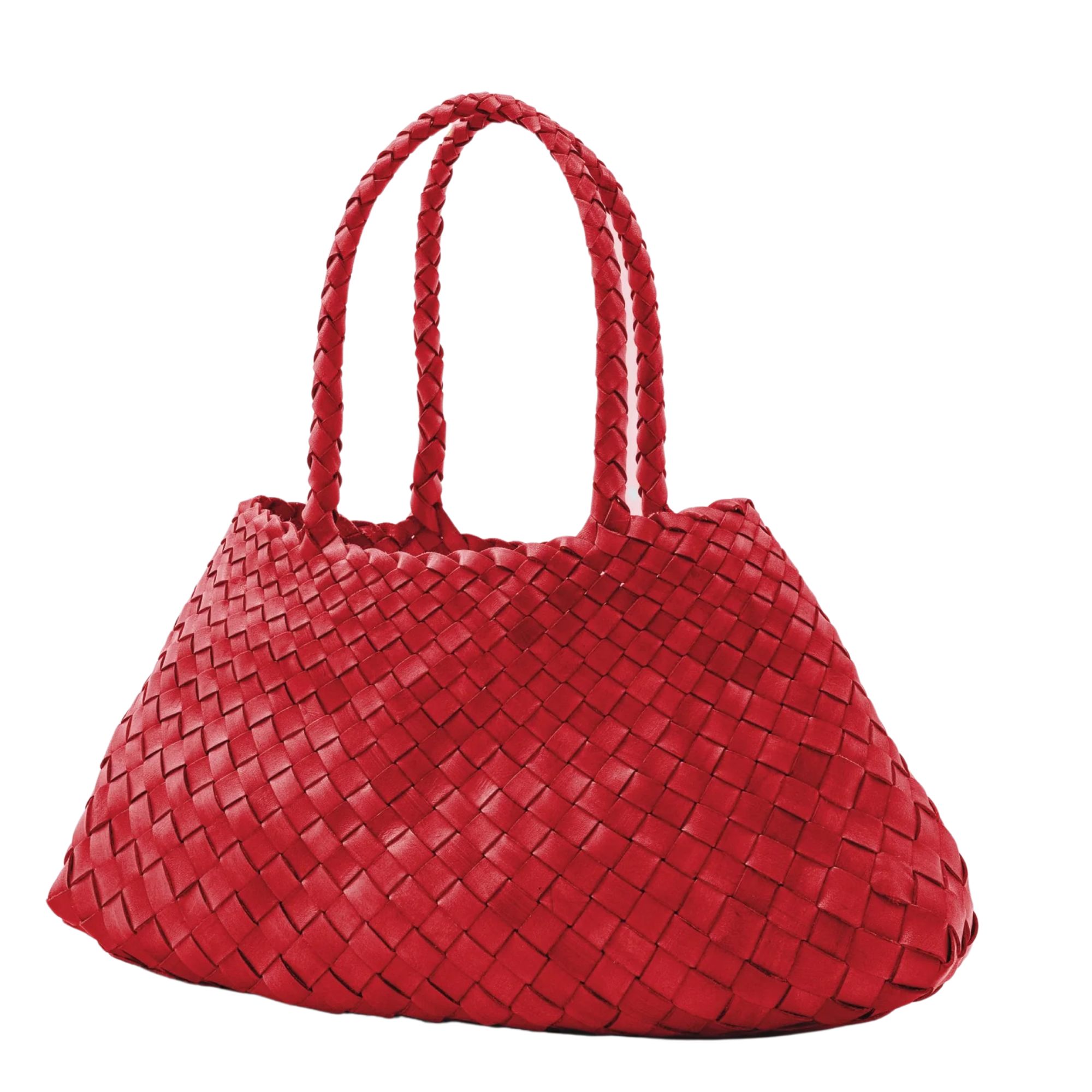 Levant-Leather-Santa Croce-large-red-bag-featuring-tapered-diagonal-weave-unlined-interior-with-St. Christopher-medal-charm